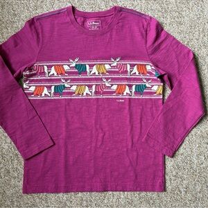 L.L. Bean Kids' Magenta Long Sleeve Shirt with Moose Bear Pattern Size L 14-16